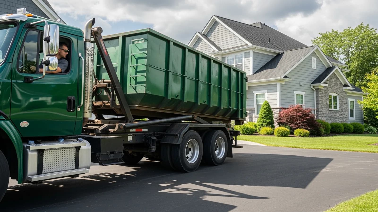 Roll-off dumpster being delivered by a truck