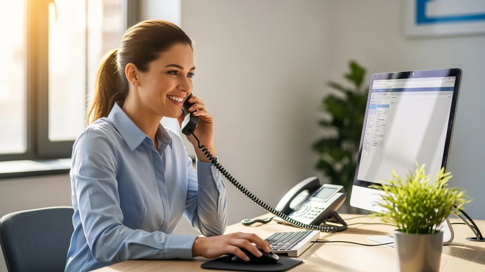 Friendly customer service representative on the phone