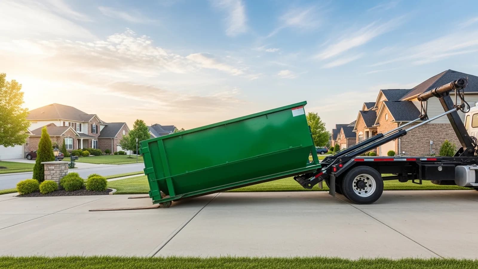 Roll-off dumpster delivery in a residential driveway