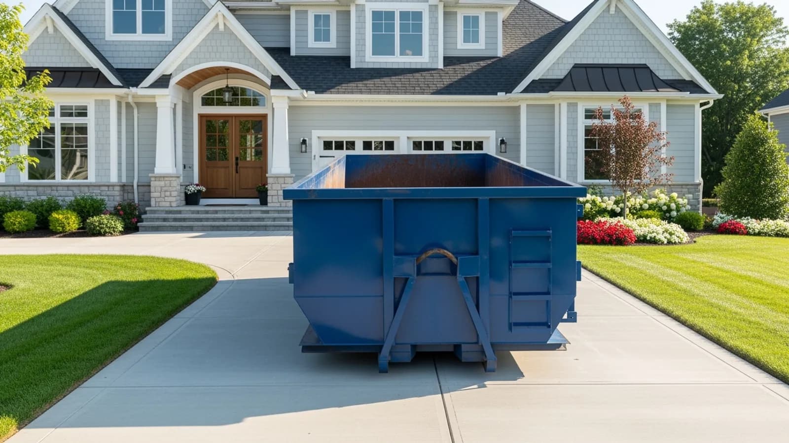 Residential roll-off dumpster placed in a driveway