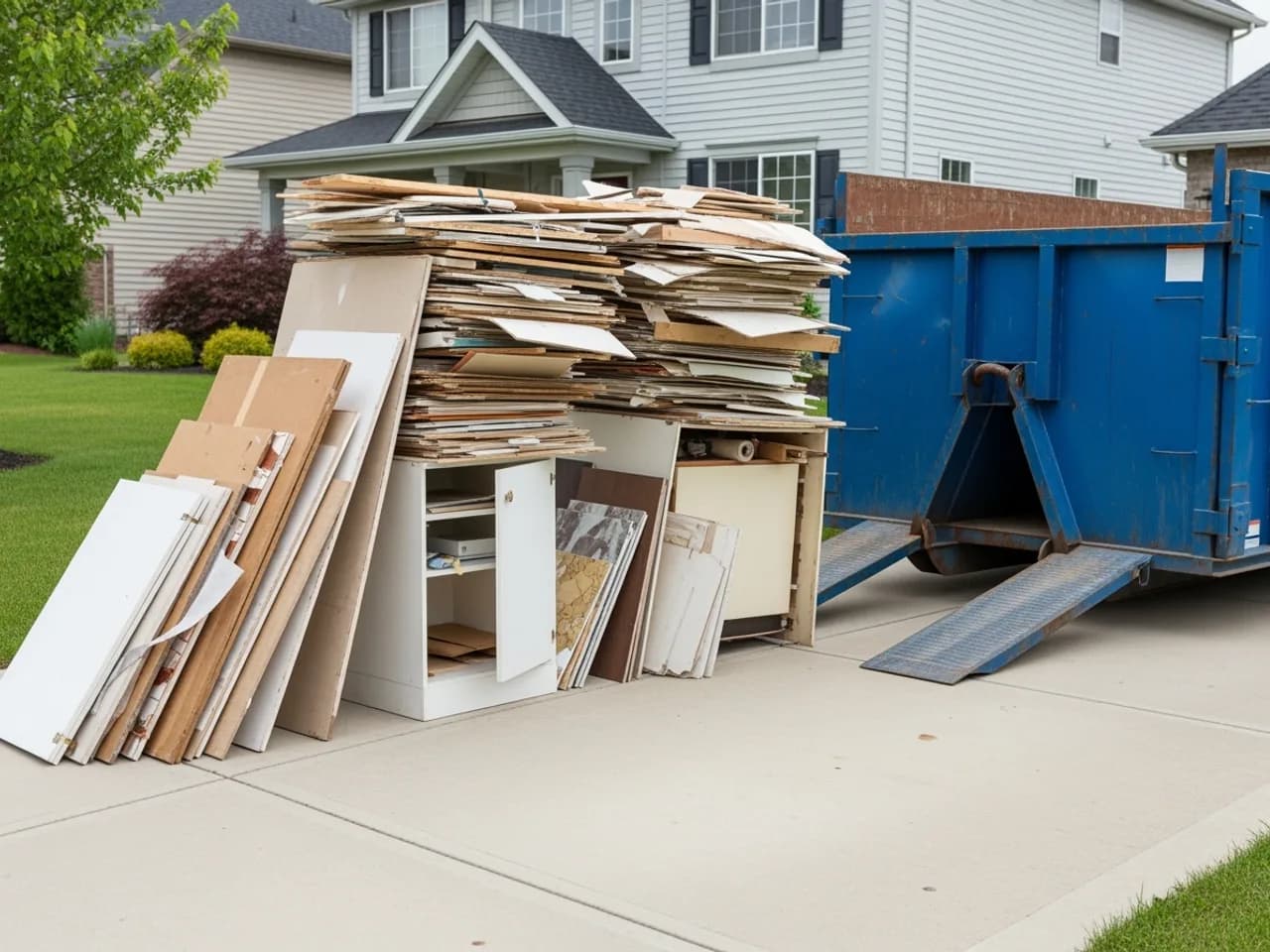 Home renovation debris staged beside a roll-off dumpster